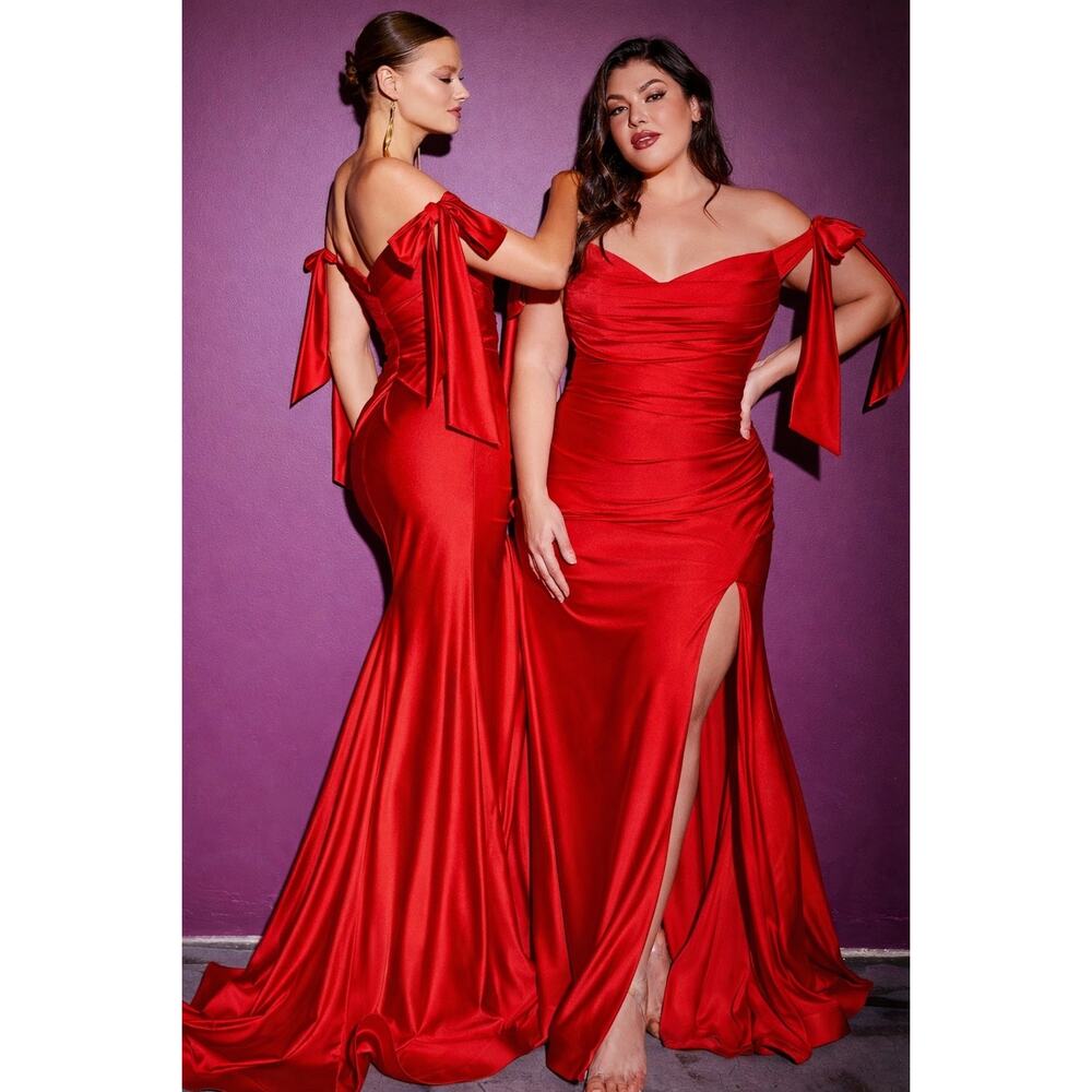 Cinderella Divine CD943C Red Satin Maxi Gown Formal Event 14 Pageant Train Gala